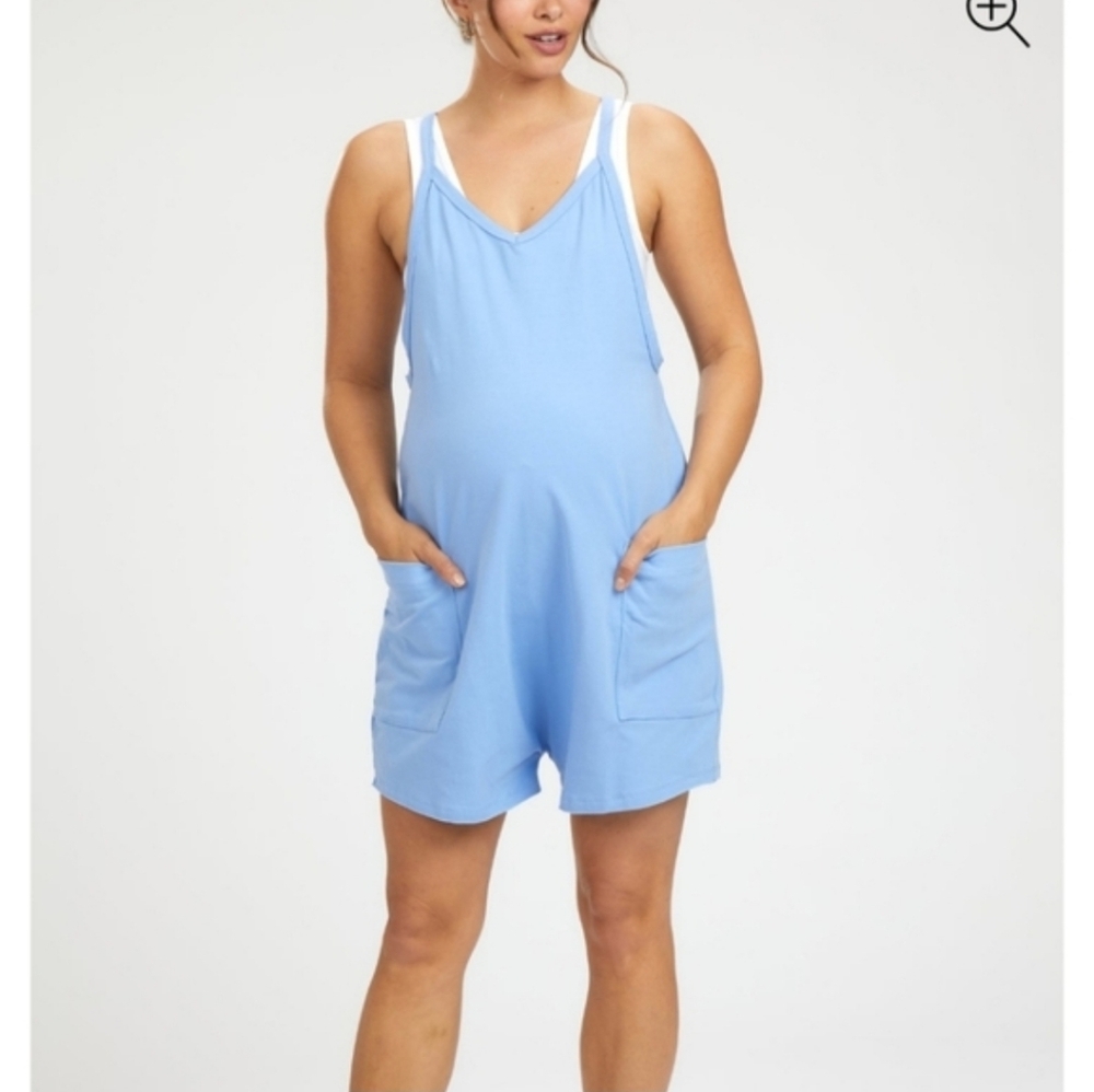 Womens Basic V-neck Casual Romper With Pockets Baby Blue Size Medium Maternity